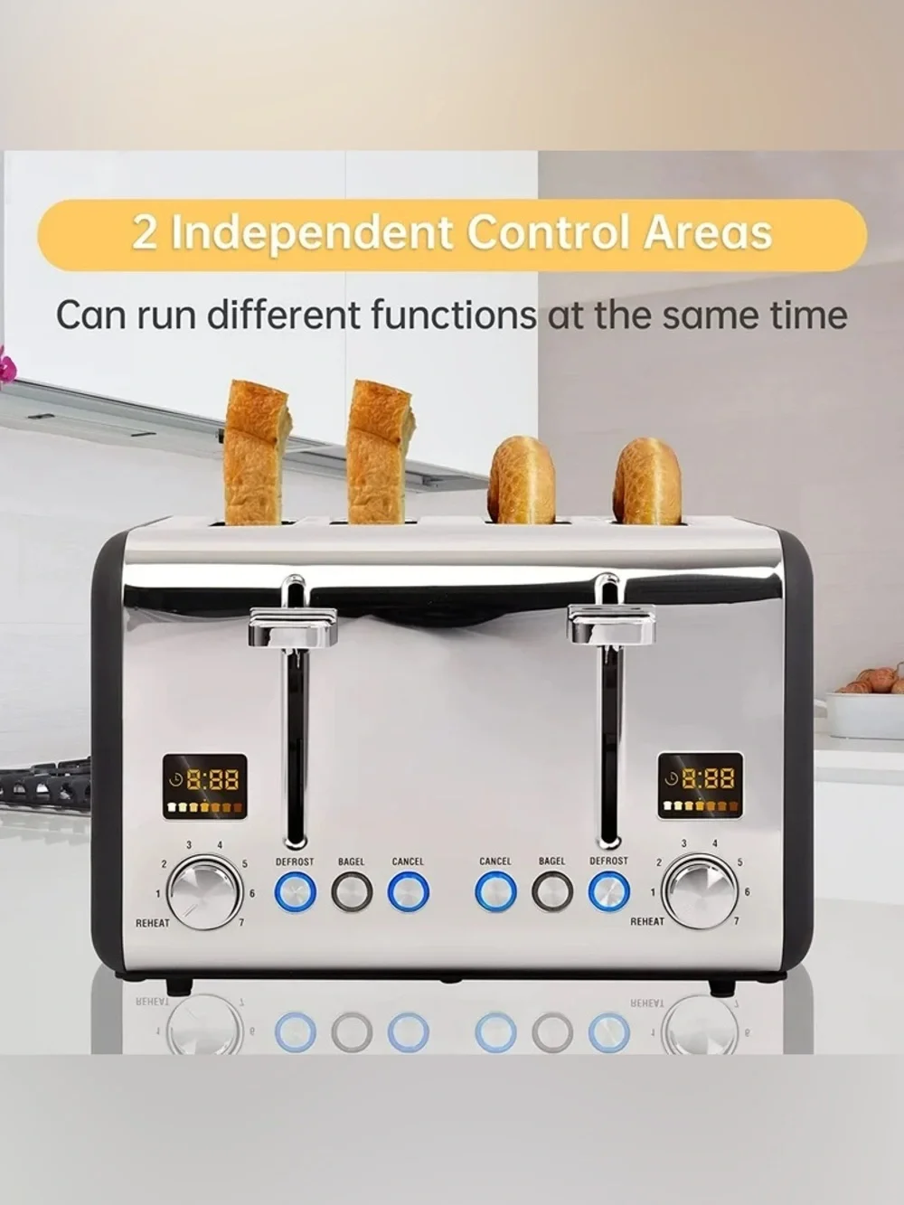 Seedeem Rapid 4-Slice Wide-Slot Bagel Toaster Stainless 1800W 120V LCD display